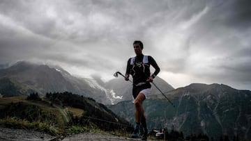 (FILES) Spanish ultra trailer Kilian Jornet runs at the Voza path as he competes in the 170km Ultra-Trail of Mont-Blanc (UTMB) race around the Mont-Blanc, crossing France, Italy and Switzerland, on August 31, 2018 in Saint Gervais Les Bains. Spanish trail legend Kilian Jornet returned to AFP on September 6, 2024 to talk about his incredible and unique journey through the Alps completed on September 1st, 2024, calling it "The most difficult challenge of my career". (Photo by JEFF PACHOUD / AFP)