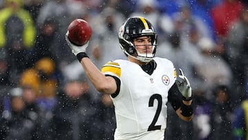 BALTIMORE, MARYLAND - JANUARY 06: Quarterback Mason Rudolph #2 of the Pittsburgh Steelers throws a pass against the Baltimore Ravens at M&T Bank Stadium on January 06, 2024 in Baltimore, Maryland.   Rob Carr/Getty Images/AFP (Photo by Rob Carr / GETTY IMAGES NORTH AMERICA / Getty Images via AFP)