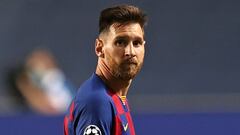 (FILES) In this file photo taken on August 14, 2020 Barcelona&#039;s Argentinian forward Lionel Messi reacts at the end of the UEFA Champions League quarter-final football match between Barcelona and Bayern Munich at the Luz stadium in Lisbon. - Six-time 