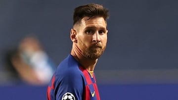 (FILES) In this file photo taken on August 14, 2020 Barcelona&#039;s Argentinian forward Lionel Messi reacts at the end of the UEFA Champions League quarter-final football match between Barcelona and Bayern Munich at the Luz stadium in Lisbon. - Six-time 