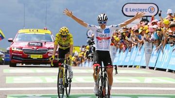 PEYRAGUDES, FRANCE - JULY 20: Tadej Pogacar of Slovenia and UAE Team Emirates - White Best Young Rider Jersey celebrates at finish line as stage winner ahead of Jonas Vingegaard Rasmussen of Denmark and Team Jumbo - Visma - Yellow Leader Jersey during the 109th Tour de France 2022, Stage 17 a 129,7km stage from Saint-Gaudens to Peyragudes 1580m / #TDF2022 / #WorldTour / on July 20, 2022 in Peyragudes, France. (Photo by Tim de Waele/Getty Images)