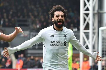 Salah celebrates scoring against Crystal Palace at the weekend.