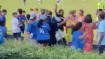 In these disgraceful scenes at the Ibercup, a seven-a-side children’s soccer tournament in Spain, a man brandished a knife when violence flared up on the touchline.