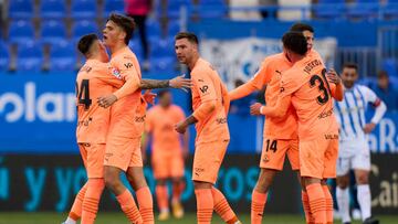 Jugadores de la UD Ibiza celebran la victoria en LaLiga SmartBank frente al Leganés.