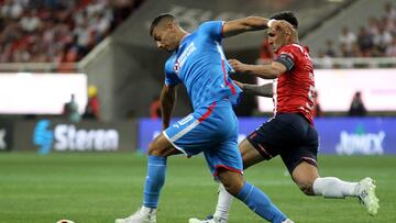 Victor Guzman (R) of Guadalajara vies for the ball with Ivan Morales of Cruz Azul during their Mexican Clausura tournament football match, at the Akron stadium in Guadalajara, Jalisco State, Mexico, on Abril 22, 2023. (Photo by ULISES RUIZ / AFP)