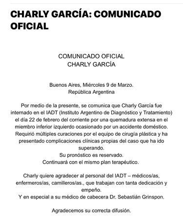 Charly García está internado con pronóstico reservado tras un accidente doméstico