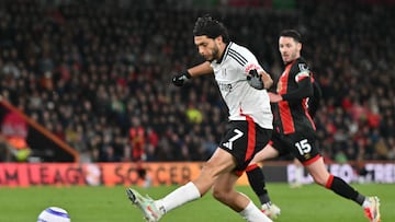 Fulham's Mexican striker #07 Raul Jimenez shoots but fails to score during the English Premier League football match between Bournemouth and Fulham at the Vitality Stadium in Bournemouth, southern England on April 14, 2025. (Photo by Glyn KIRK / AFP) / RESTRICTED TO EDITORIAL USE. No use with unauthorized audio, video, data, fixture lists, club/league logos or 'live' services. Online in-match use limited to 120 images. An additional 40 images may be used in extra time. No video emulation. Social media in-match use limited to 120 images. An additional 40 images may be used in extra time. No use in betting publications, games or single club/league/player publications. /