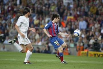 Messi scores his first goal for Barcelona in official competition, against Albacete. May 2005