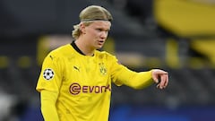 DORTMUND, GERMANY - APRIL 14: Erling Haaland of Borussia Dortmund reacts during the UEFA Champions League Quarter Final Second Leg match between Borussia Dortmund and Manchester City at Signal Iduna Park on April 14, 2021 in Dortmund, Germany. Sporting st