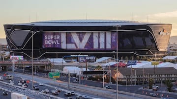 LAS VEGAS, NEVADA - JANUARY 30: An exterior view shows signage for Super Bowl LVIII at Allegiant Stadium on January 30, 2024 in Las Vegas, Nevada. The game will be played on February 11, 2024, between the Kansas City Chiefs and the San Francisco 49ers.   Ethan Miller/Getty Images/AFP (Photo by Ethan Miller / GETTY IMAGES NORTH AMERICA / Getty Images via AFP)