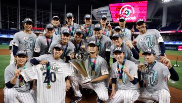 Mar 21, 2023; Miami, Florida, USA;  Japan pitcher Yu Darvish (11) (C) and team Japan celebrate after defeating the USA in the World Baseball Classic at LoanDepot Park. Mandatory Credit: Rhona Wise-USA TODAY Sports     TPX IMAGES OF THE DAY