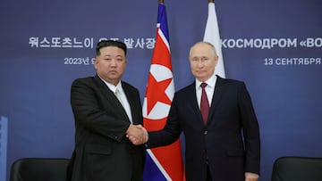 FILE PHOTO: Russia's President Vladimir Putin and North Korea's leader Kim Jong Un attend a meeting at the Vostochny ?osmodrome in the far eastern Amur region, Russia, September 13, 2023 in this image released by North Korea's Korean Central News Agency.   KCNA via REUTERS    ATTENTION EDITORS - THIS IMAGE WAS PROVIDED BY A THIRD PARTY. REUTERS IS UNABLE TO INDEPENDENTLY VERIFY THIS IMAGE. NO THIRD PARTY SALES. SOUTH KOREA OUT. NO COMMERCIAL OR EDITORIAL SALES IN SOUTH KOREA./File Photo