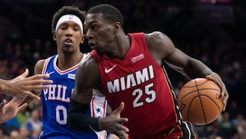 Dec 18, 2019; Philadelphia, PA, USA; Miami Heat guard Kendrick Nunn (25) drives for a shot past Philadelphia 76ers guard Josh Richardson (0) during the first quarter at Wells Fargo Center. Mandatory Credit: Bill Streicher-USA TODAY Sports