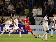 Oct 1, 2025; Carson, California, USA; Toluca midfielder Nicolas Castro (8) shoots and scores a goal during the second half of Campeones Cup between Toluca and the LA Galaxy at Dignity Health Sports Park. Mandatory Credit: Kiyoshi Mio-Imagn Images