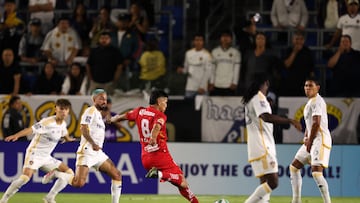 Oct 1, 2025; Carson, California, USA; Toluca midfielder Nicolas Castro (8) shoots and scores a goal during the second half of Campeones Cup between Toluca and the LA Galaxy at Dignity Health Sports Park. Mandatory Credit: Kiyoshi Mio-Imagn Images