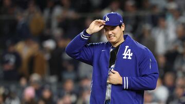 NEW YORK, NEW YORK - OCTOBER 28: Shohei Ohtani #17 of the Los Angeles Dodgers looks on prior to playing the New York Yankees during Game Three of the 2024 World Series at Yankee Stadium on October 28, 2024 in the Bronx borough of New York City. Al Bello/Getty Images/AFP (Photo by AL BELLO / GETTY IMAGES NORTH AMERICA / Getty Images via AFP)