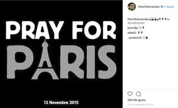 Durante los atentados de París, Theo apoyó a la capital de su país colgando esta fotografía en su cuenta de instagram.