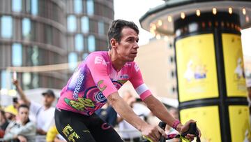 EF Education-Easypost team's Colombian rider Rigoberto Uran cycles to attend the cycling teams' presentation two days ahead of the first stage of the 109th edition of the Tour de France cycling race, in Copenhagen, in Denmark, on June 29, 2022. (Photo by Marco BERTORELLO / AFP)