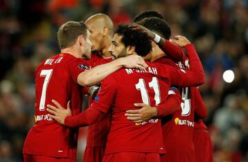 Foxes next | Liverpool's Mohamed Salah celebrates scoring their fourth goal against RB Salzburg.