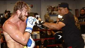 MIAMI BEACH, FLORIDA - JUNE 02: Logan Paul works out with his coach Milton Lacroix at the 5th St. Gym prior to his June 6th exhibition boxing match against Floyd Mayweather on June 02, 2021 in Miami Beach, Florida. Michael Reaves/Getty Images/AFP == FOR N