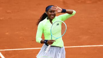 Coco Gauff of the U.S. reacts after winning her first round match against Russia's Julia Avdeeva