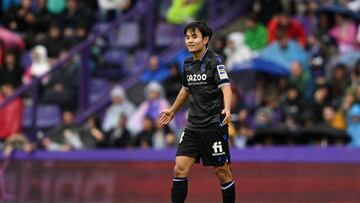 VALLADOLID, SPAIN - OCTOBER 22: Takefusa Kubo of Real Sociedad reacts after a goal is disallowed during the LaLiga Santander match between Real Valladolid CF and Real Sociedad at Estadio Municipal Jose Zorrilla on October 22, 2022 in Valladolid, Spain. (Photo by Octavio Passos/Getty Images)