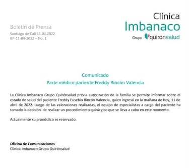 Estado de salud de Freddy Rincón tras accidente de tránsito: “su pronóstico es reservado”