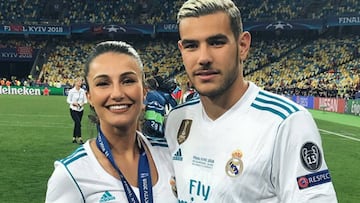 Theo Hern&aacute;ndez y Adriana Pozueco en Kiev tras la victoria del Real Madrid frente al Liverpool en la final de la Champions League 2018