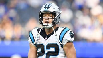 INGLEWOOD, CA - OCTOBER 16: Carolina Panthers Running Back Christian McCaffrey (22) looks on during the NFL game between the Carolina Panthers and the Los Angeles Rams on October 16, 2022, at SoFi Stadium in Inglewood, CA. (Photo by Brian Rothmuller/Icon Sportswire via Getty Images)