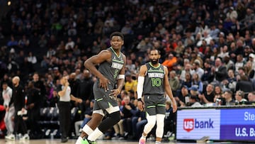 Feb 6, 2025; Minneapolis, Minnesota, USA; Minnesota Timberwolves guard Anthony Edwards (5) celebrates his three-point basket against the Houston Rockets during the first quarter at Target Center. Mandatory Credit: Matt Krohn-Imagn Images