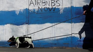 A dog walks on a lead past graffiti saying 'Ban Airbnbs Now', in Dublin, Ireland March 24, 2025. REUTERS/Clodagh Kilcoyne