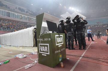 The Video assistant referee (VAR) system is seen on field during the 2nd leg of CAF champion league final 2019 football match between Tunisia's Esperance sportive de Tunis and Morocco's Wydad Athletic Club at the Olympic stadium in Rades on May 31, 2019. 