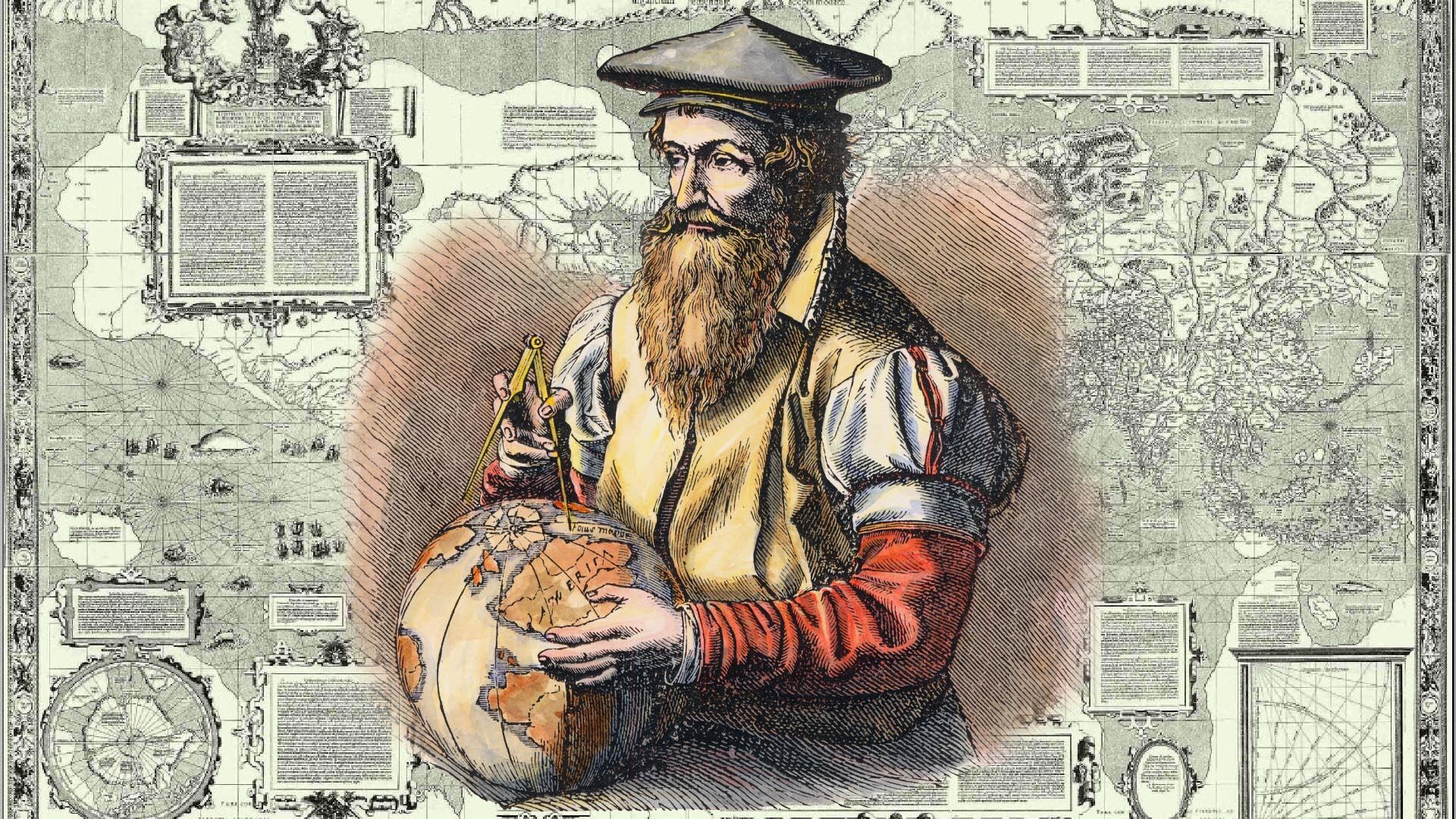 La ilustración representa al cartógrafo flamenco Gerardus Mercator (nacido como Gerard de Kremer, 1512 - 1594), con un globo terráqueo y un compás en sus manos. Él ideó un formato de diseño para mapas geográficos, hoy llamado proyección de Mercator, para su mapamundi de 1569.