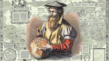 La ilustración representa al cartógrafo flamenco Gerardus Mercator (nacido como Gerard de Kremer, 1512 - 1594), con un globo terráqueo y un compás en sus manos. Él ideó un formato de diseño para mapas geográficos, hoy llamado proyección de Mercator, para su mapamundi de 1569.