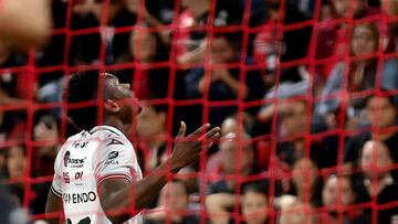 Necaxa's Colombian forward #27 Diber Cambindo celebrates after scoring during the Liga MX Clausura football match between Atlas and Necaxa at Jalisco Stadium in Guadalajara, Mexico on February 18, 2025. (Photo by Ulises Ruiz / AFP)