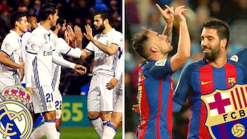Isco, Nacho, Morata, James, Alc&aacute;cer y Arda Turan celebrando goles del Real Madrid y el Barcelona