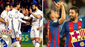 Isco, Nacho, Morata, James, Alc&aacute;cer y Arda Turan celebrando goles del Real Madrid y el Barcelona