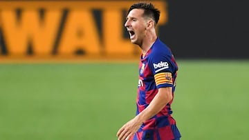 BARCELONA, SPAIN - JUNE 30: Lionel Messi of FC Barcelona reacts during the Liga match between FC Barcelona and Club Atletico de Madrid at Camp Nou on June 30, 2020 in Barcelona, Spain. (Photo by David Ramos/Getty Images)