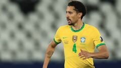 RIO DE JANEIRO, BRAZIL - JULY 05: Marquinhos of Brazil controls the ball during a semi-final match of Copa America Brazil 2021 between Brazil and Peru at Estadio Ol&iacute;mpico Nilton Santos on July 05, 2021 in Rio de Janeiro, Brazil. (Photo by Buda Mend