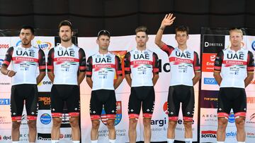 Kielce (Poland), 29/07/2022.- Riders of the Team UAE Emirates attend the teams presentation ahead of the 79th edition of the Tour de Pologne cycling race in Kielce, Poland, 29 July 2022. The 79th edition of the Tour de Pologne will start in Kielce on 30 July. (Ciclismo, Polonia) EFE/EPA/Piotr Polak POLAND OUT