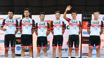 Kielce (Poland), 29/07/2022.- Riders of the Team UAE Emirates attend the teams presentation ahead of the 79th edition of the Tour de Pologne cycling race in Kielce, Poland, 29 July 2022. The 79th edition of the Tour de Pologne will start in Kielce on 30 July. (Ciclismo, Polonia) EFE/EPA/Piotr Polak POLAND OUT
