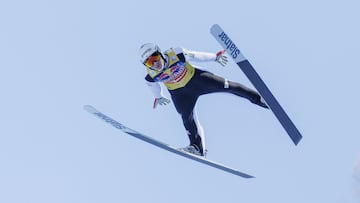Slovenia's Domen Prevc competes during the qualification jump of the Men's FIS Ski Flying World Cup in Kulm, Bad Mitterndorf, Austria on February 27, 2026. (Photo by ERWIN SCHERIAU / APA / AFP) / Austria OUT