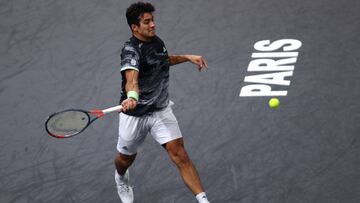PARIS, FRANCE - NOVEMBER 01:  Cristian Garin of Chile returns a forehand in his match against Grigor Dimitrov of Bulgaria on day 5 of the Rolex Paris Masters, part of the ATP World Tour Masters 1000 held at the at AccorHotels Arena on November 01, 2019 in Paris, France. (Photo by Dean Mouhtaropoulos/Getty Images)