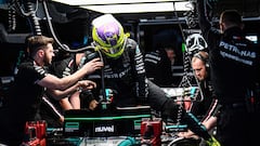 Mercedes' British driver Lewis Hamilton gets out of his car during the second practice session ahead of the Formula One Japanese Grand Prix race at the Suzuka circuit in Suzuka, Mie prefecture on April 5, 2024. (Photo by Toshifumi KITAMURA / AFP)