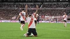 River Plate's Colombian forward Miguel Borja celebrates after scoring his second goal against Independiente Rivadavia during the Argentine Professional Football League match at the Monumental stadium in Buenos Aires, on March 6, 2024. (Photo by JUAN MABROMATA / AFP)