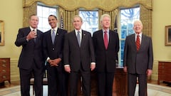 How many former US presidents are still alive and when did they serve their terms? Carter, Bush, Clinton, Obama...