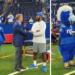 Colts mascot Blue takes a swing at NFL commissioner Roger Goodell with wild pie attempt