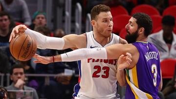 DETROIT, MI - FEBRUARY 12: Blake Griffin #23 of the Detroit Pistons tries to make a move around Nikola Mirotic #3 of the New Orleans Pelicans during the first half at Little Caesars Arena on February 12, 2018 in Detroit, Michigan. NOTE TO USER: User expressly acknowledges and agrees that, by downloading and or using this photograph, User is consenting to the terms and conditions of the Getty Images License Agreement.   Gregory Shamus/Getty Images/AFP
 == FOR NEWSPAPERS, INTERNET, TELCOS &amp; TELEVISION USE ONLY ==