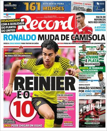 La portada de Récord en la asegura el interés del Benfica por Reinier.
