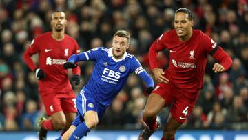 LIVERPOOL, ENGLAND - DECEMBER 30: Jamie Vardy of Leicester City looks to run onto a through ball during the Premier League match between Liverpool FC and Leicester City at Anfield on December 30, 2022 in Liverpool, England. (Photo by Naomi Baker/Getty Images)